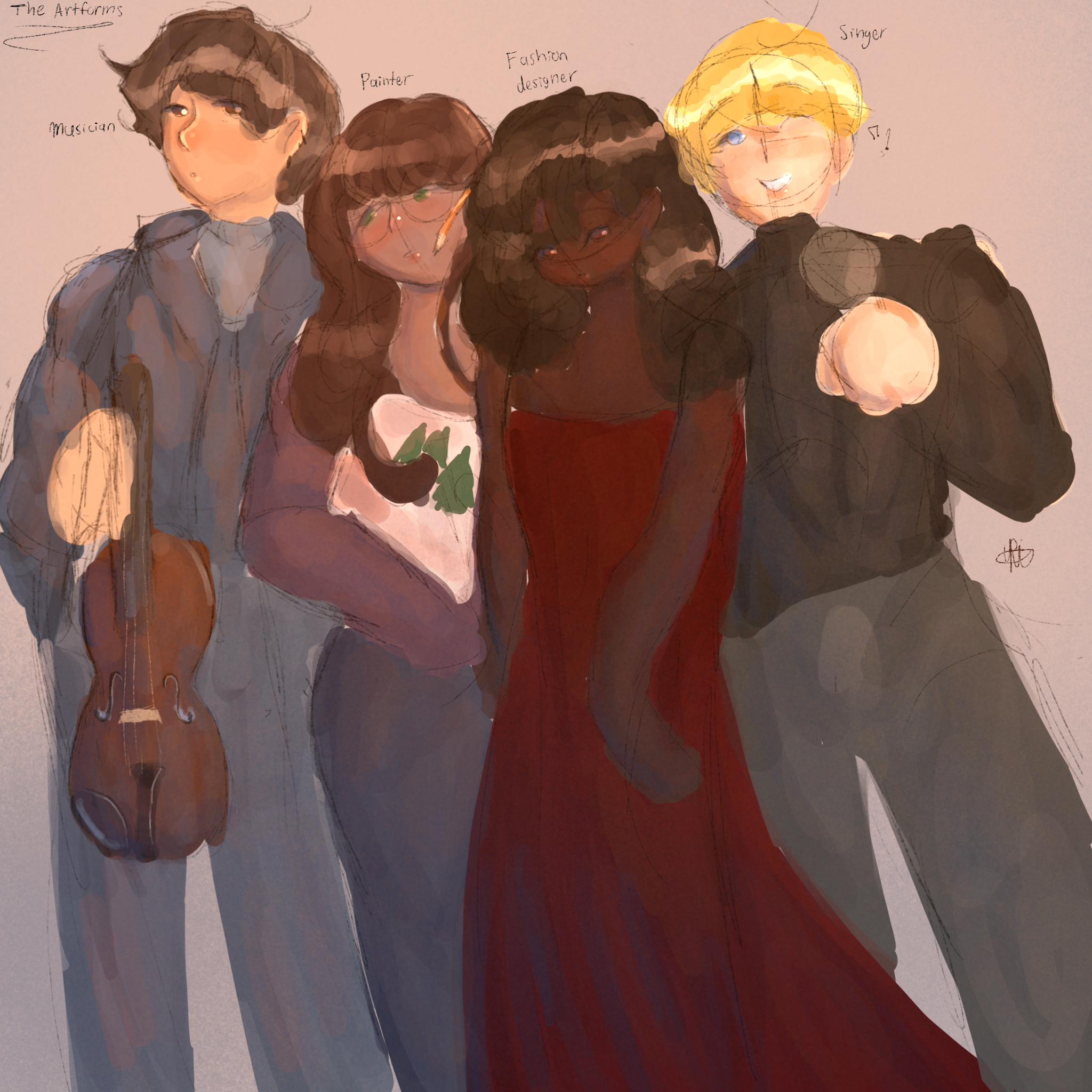 Four computer drawn anime-style people, each representing a different art form: music, painting, fashion designer, and singer
